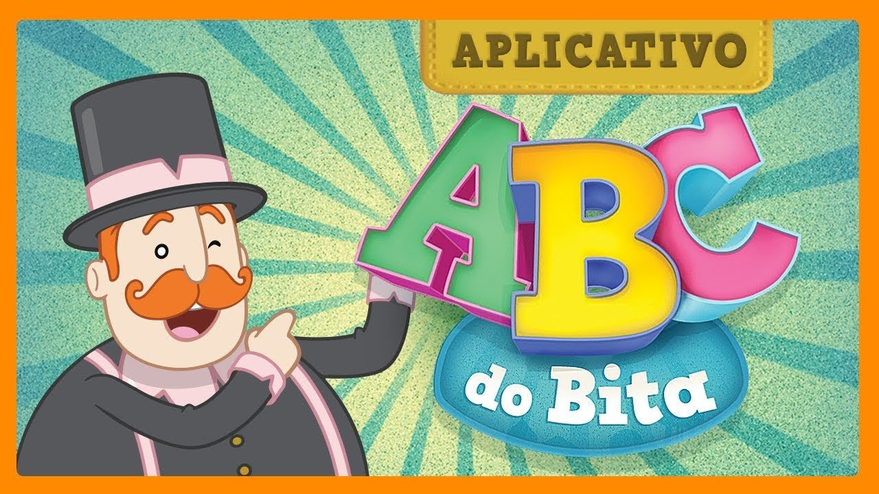 Personagem Bita apontando a logomarca do aplicativo ABC do Bita