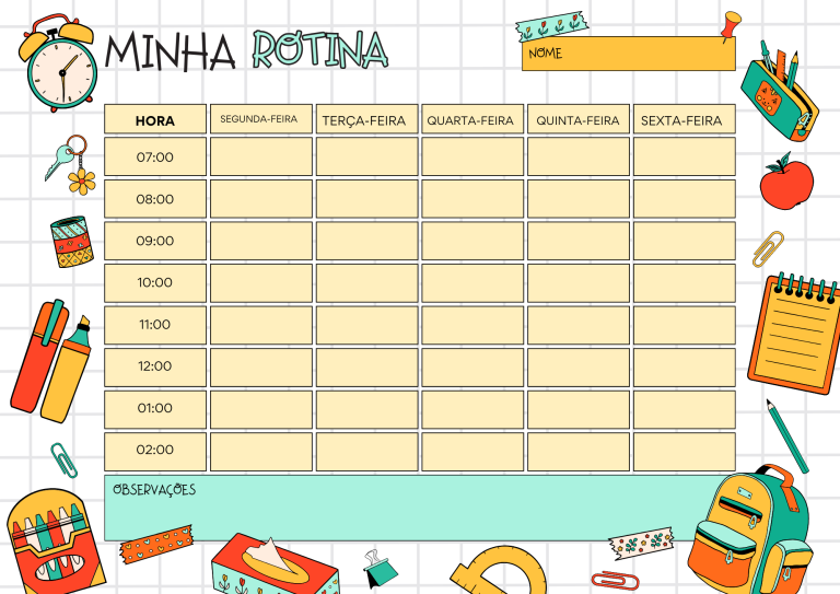 ROTINA COM OS DIAS DA SEMANA E OS HORÁRIOS COM ILUSTRAÇÕES D ELIVROS, CADERNOS, LÁPIS, RÉGUAS, MAÇA E RELÓGIOS.